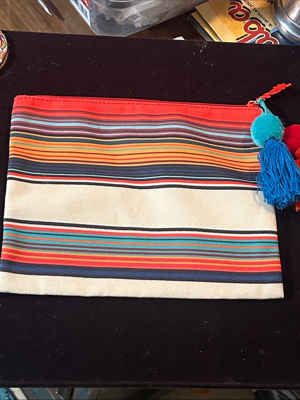 Striped Canvas Pouch Clutch with Tassel - Multicolor mirror added - Picture 2 of 8